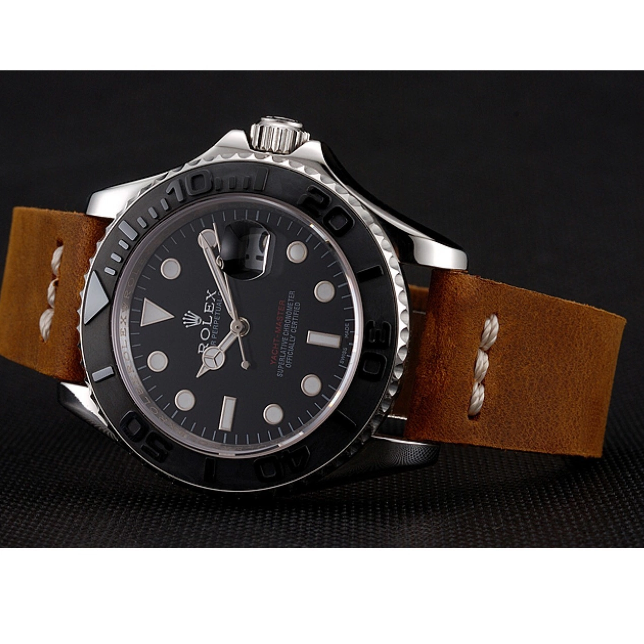 Aaa replica Black Dial Bracelet Rolex 1453859 Brown Silver Leather Yacht Master Case 0807